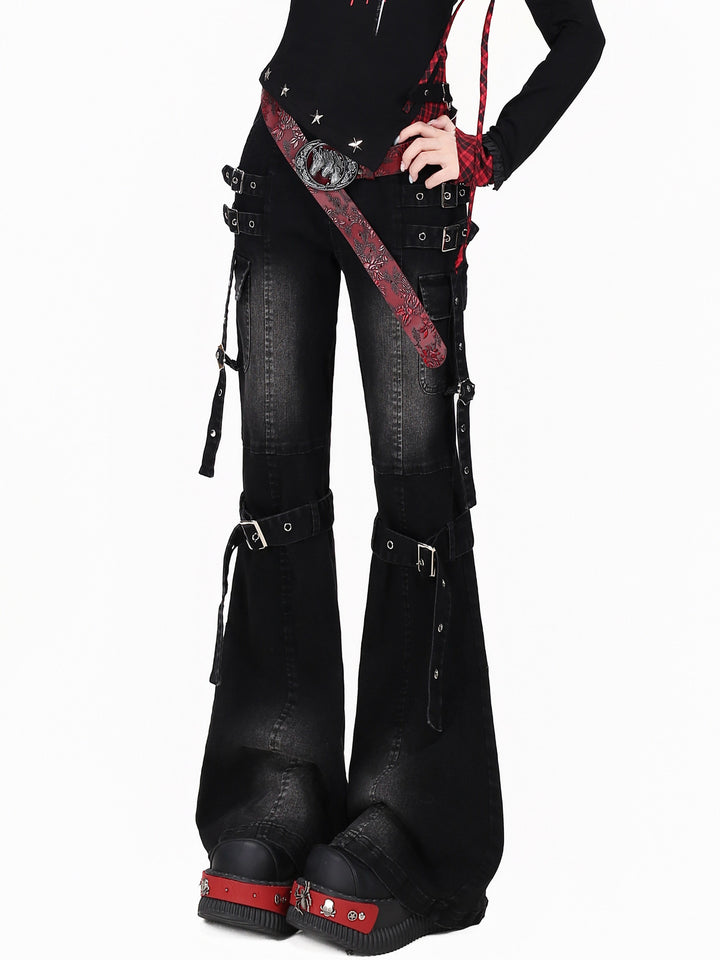 Y2K Buckle Strap Flare Jeans