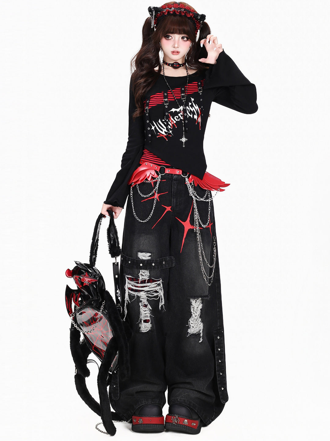 Gothic Buckle Stripe Long Sleeve Top