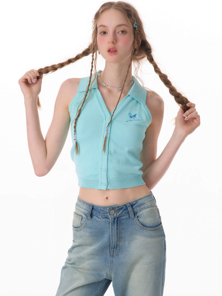 Butterfly Embroidered Halter Cardigan