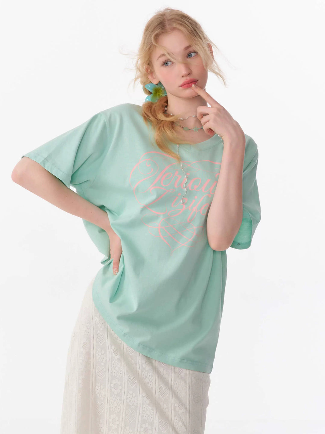 Y2K Script Graphic V-Neck T-Shirt
