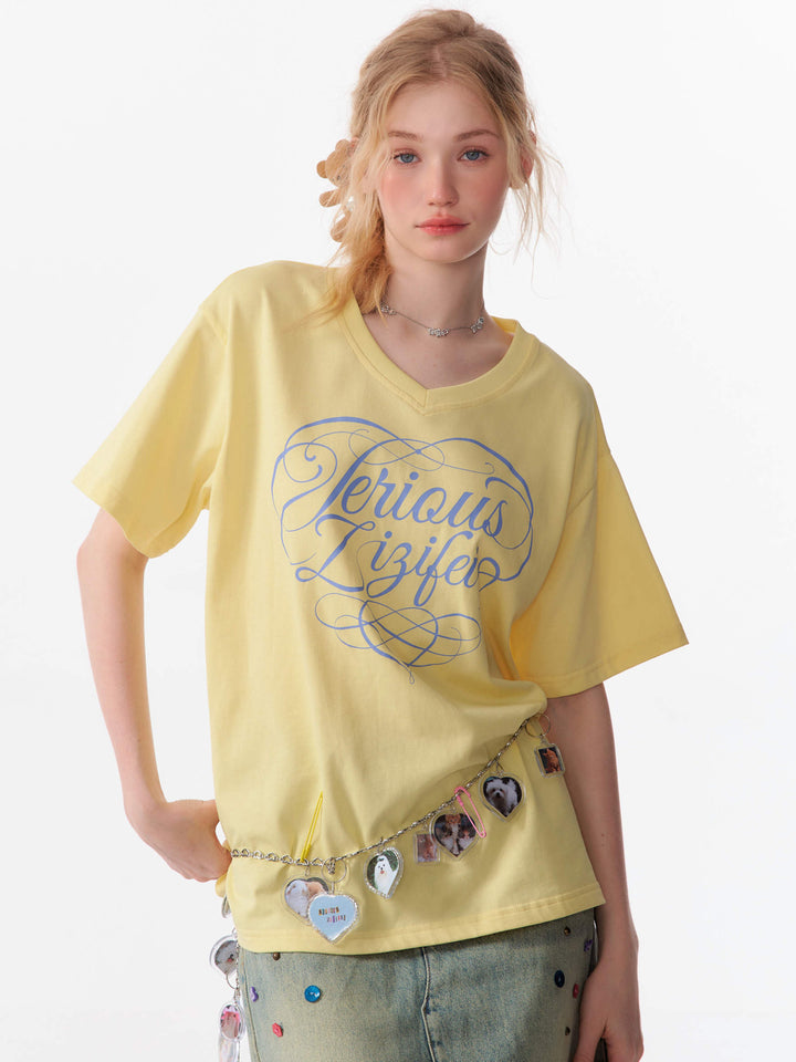 Y2K Script Graphic V-Neck T-Shirt