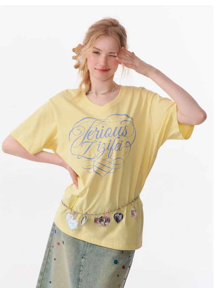 Y2K Script Graphic V-Neck T-Shirt