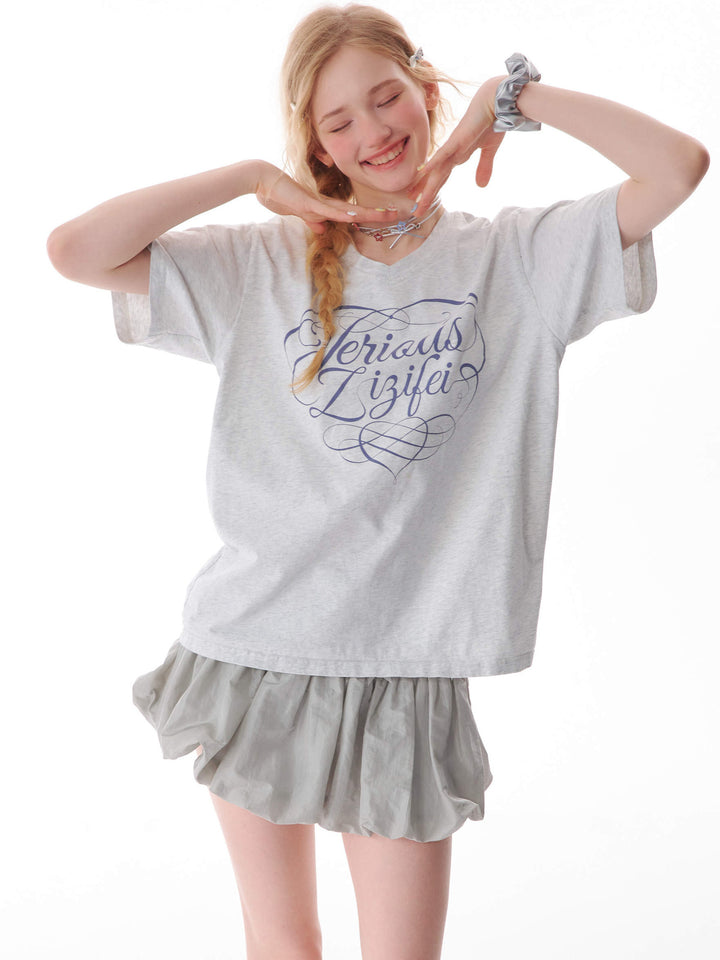 Y2K Script Graphic V-Neck T-Shirt
