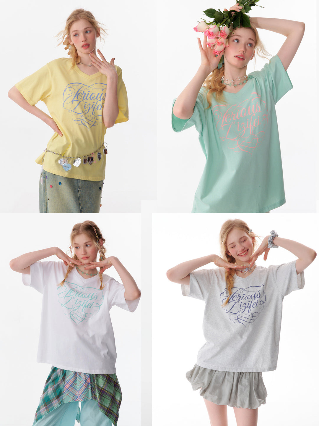 Y2K Script Graphic V-Neck T-Shirt