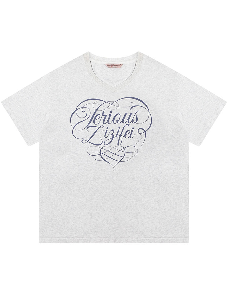 Y2K Script Graphic V-Neck T-Shirt