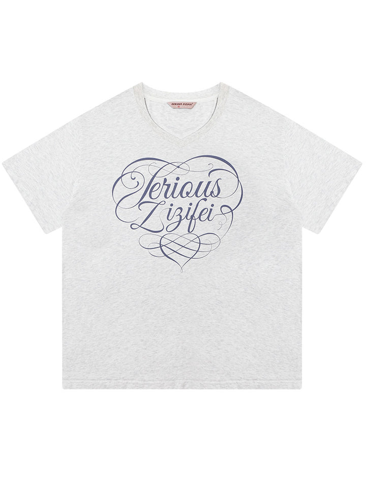 Y2K Script Graphic V-Neck T-Shirt