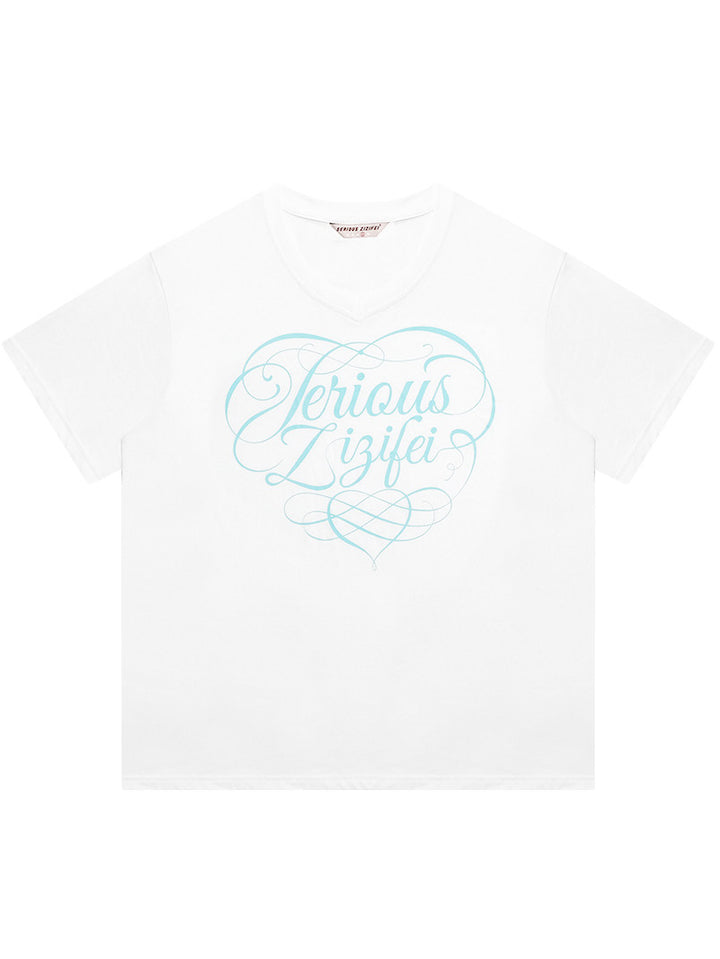 Y2K Script Graphic V-Neck T-Shirt