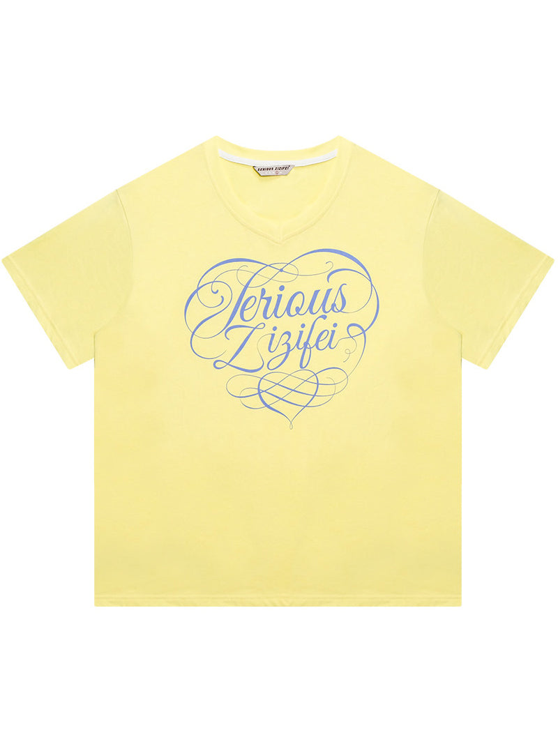 Y2K Script Graphic V-Neck T-Shirt
