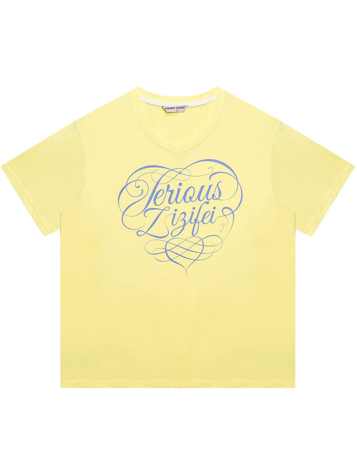 Y2K Script Graphic V-Neck T-Shirt