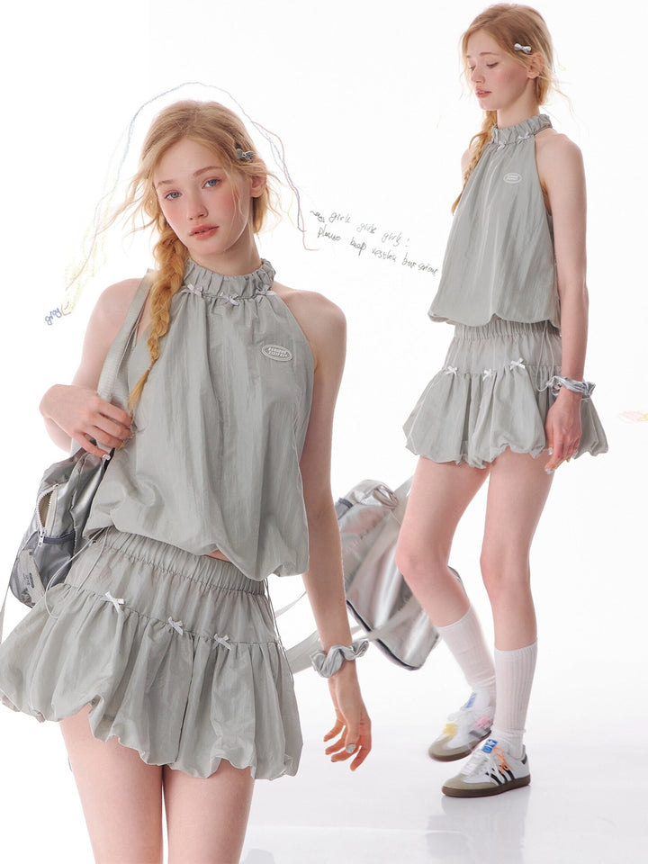 Bow-Trim Drawstring Halter Top