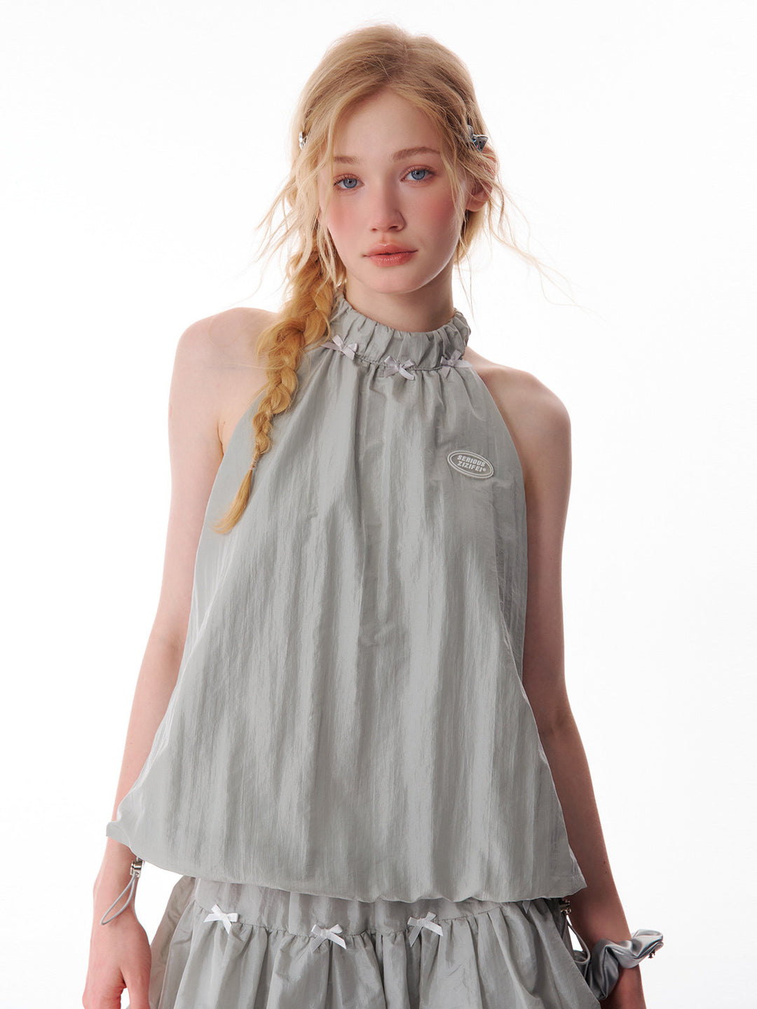 Bow-Trim Drawstring Halter Top