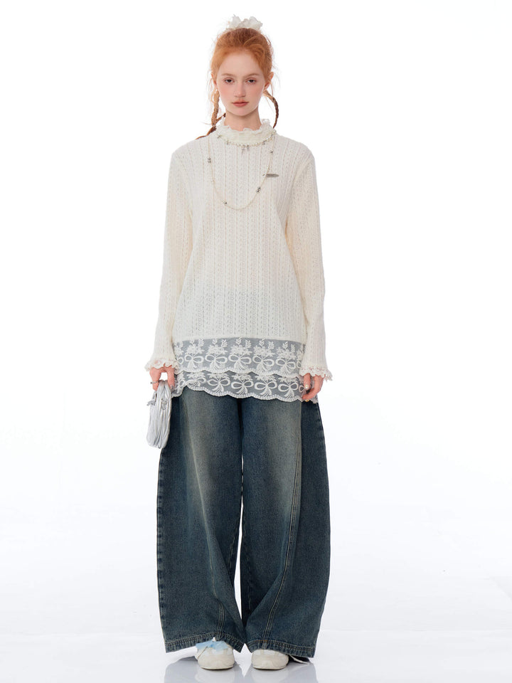 Coquette Lace-Hem Pointelle Knit Top