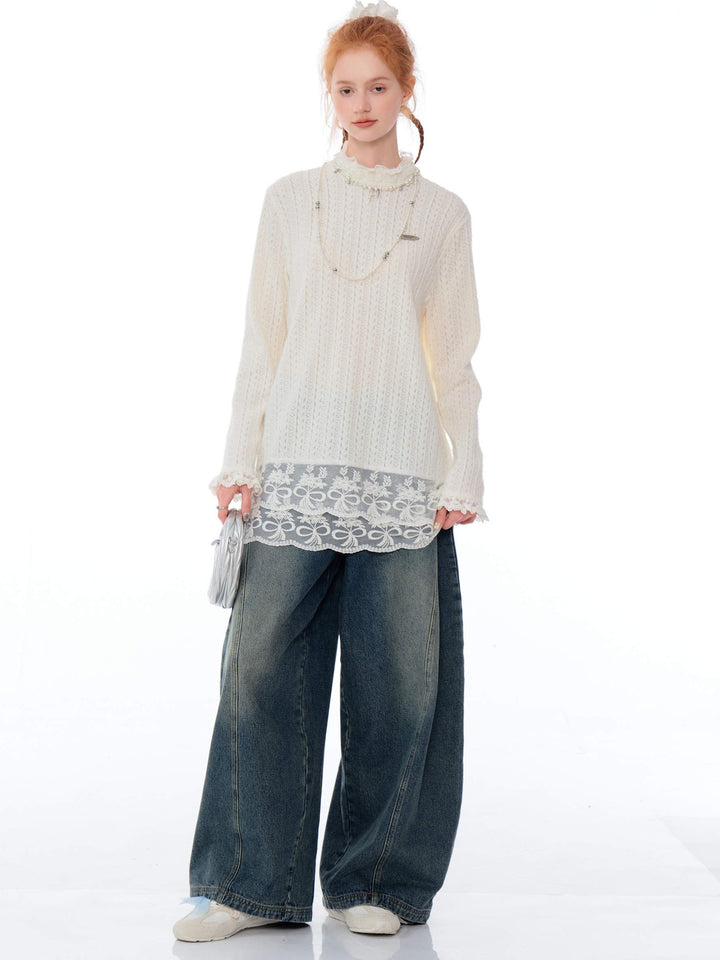Coquette Lace-Hem Pointelle Knit Top