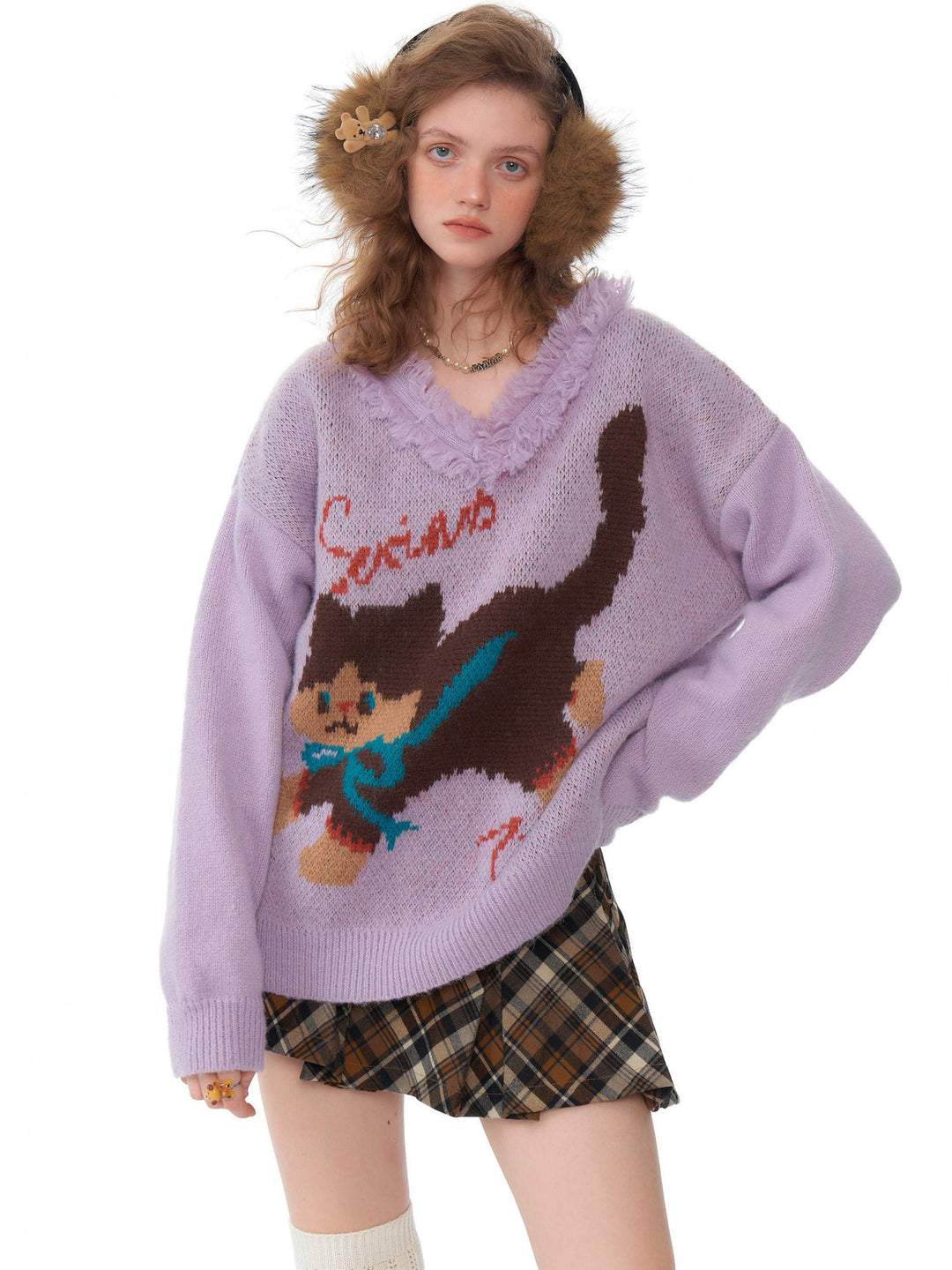 Fuzzy-Trim Cat Graphic V-Neck Sweater