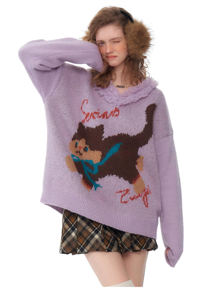 Fuzzy-Trim Cat Graphic V-Neck Sweater