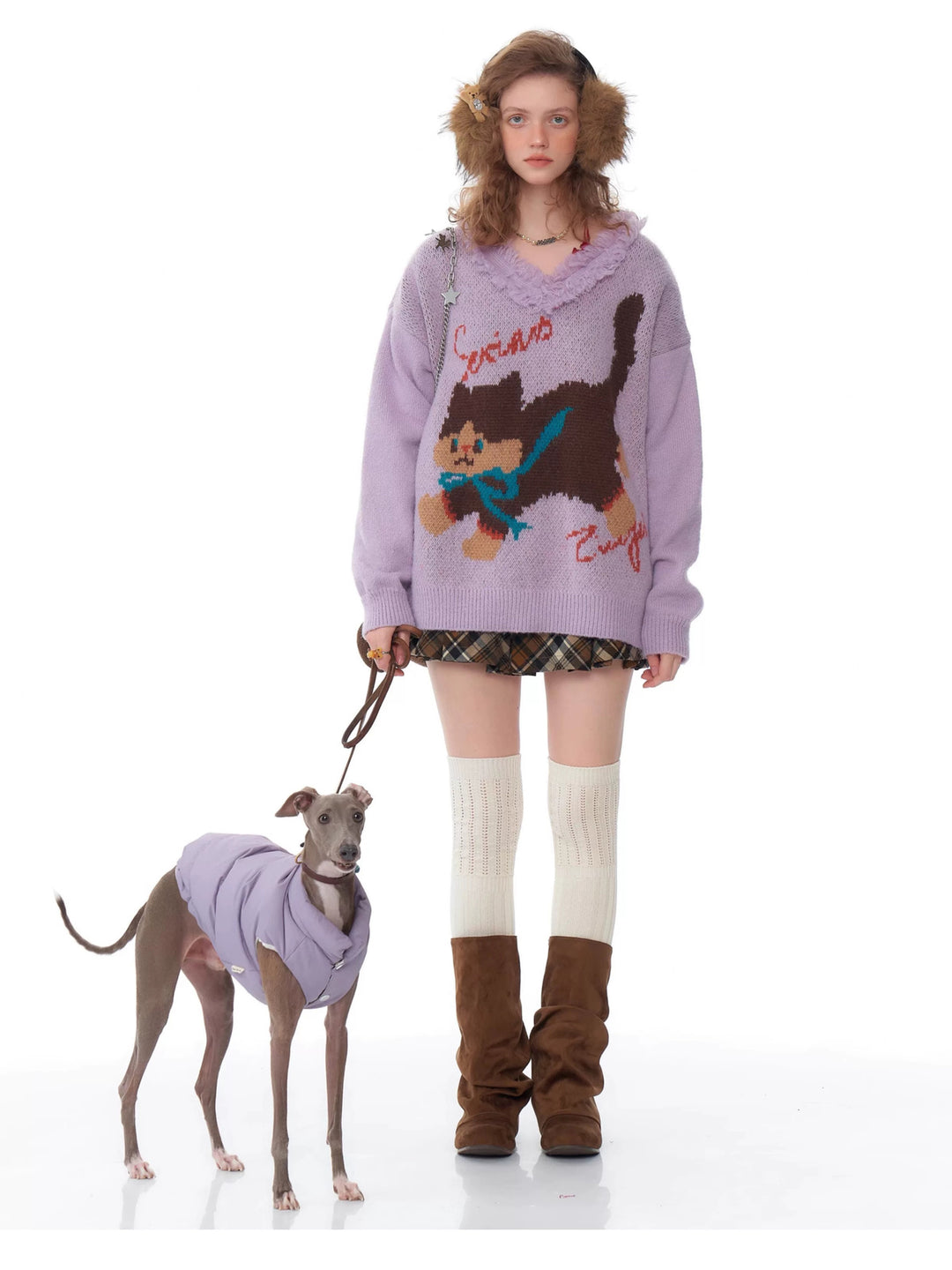 Fuzzy-Trim Cat Graphic V-Neck Sweater