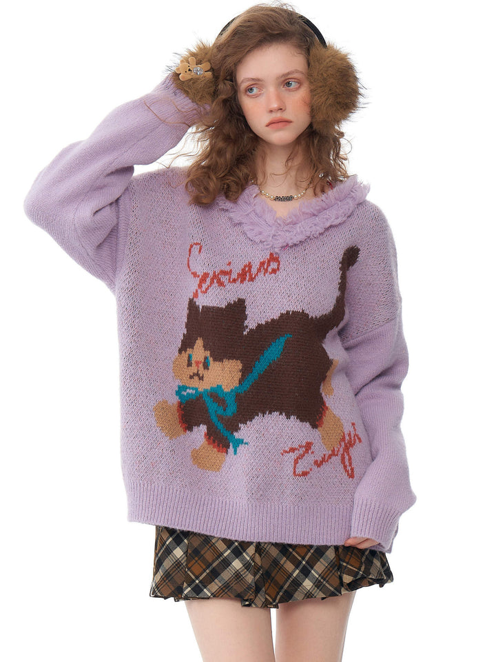 Fuzzy-Trim Cat Graphic V-Neck Sweater