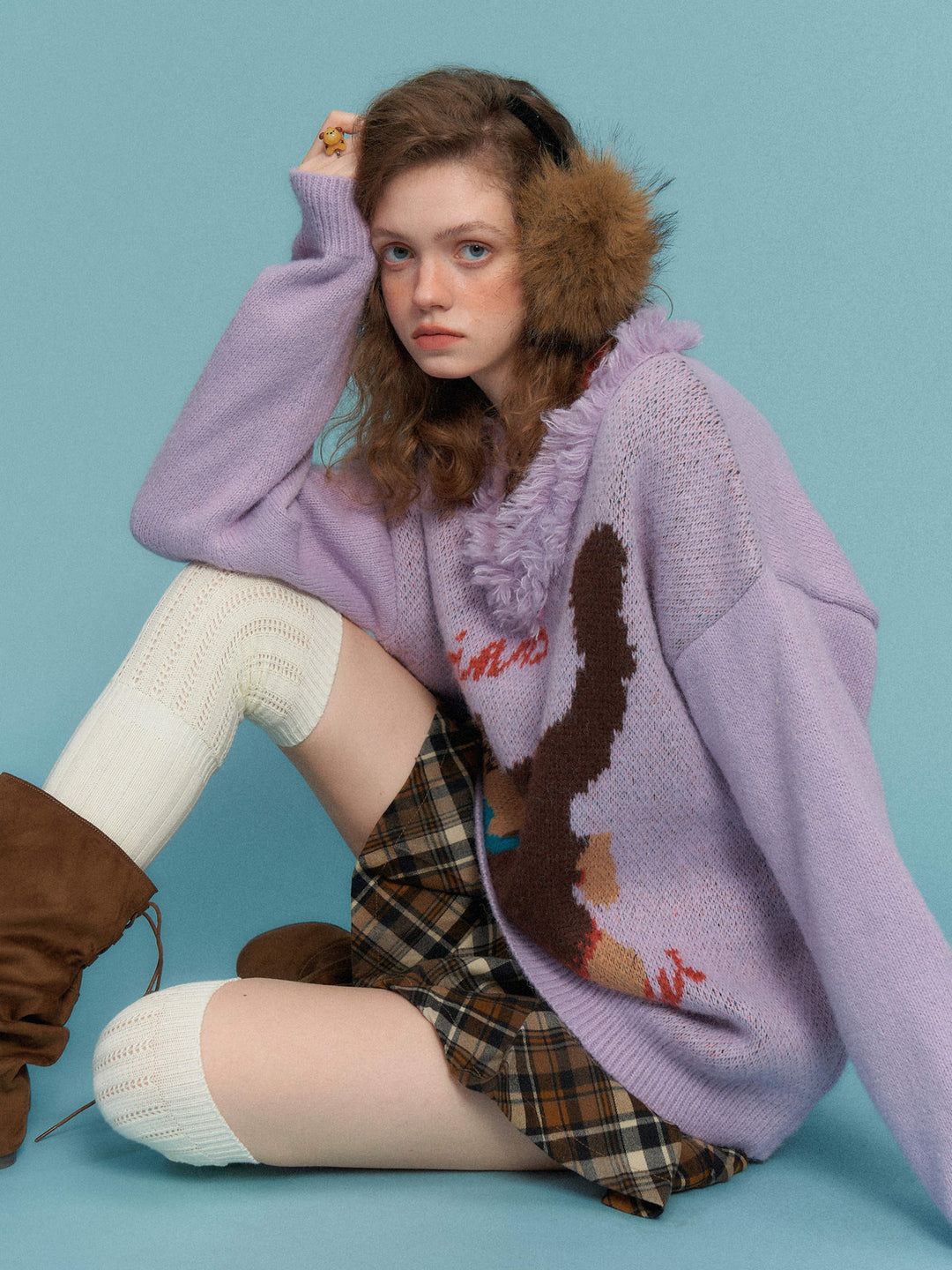 Fuzzy-Trim Cat Graphic V-Neck Sweater
