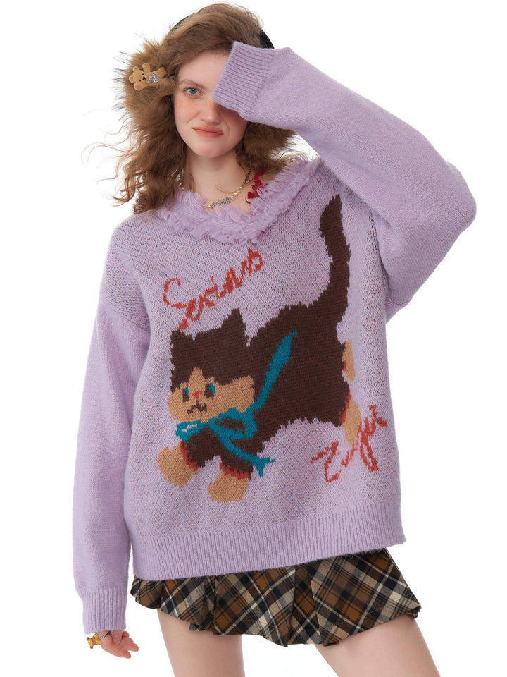 Fuzzy-Trim Cat Graphic V-Neck Sweater