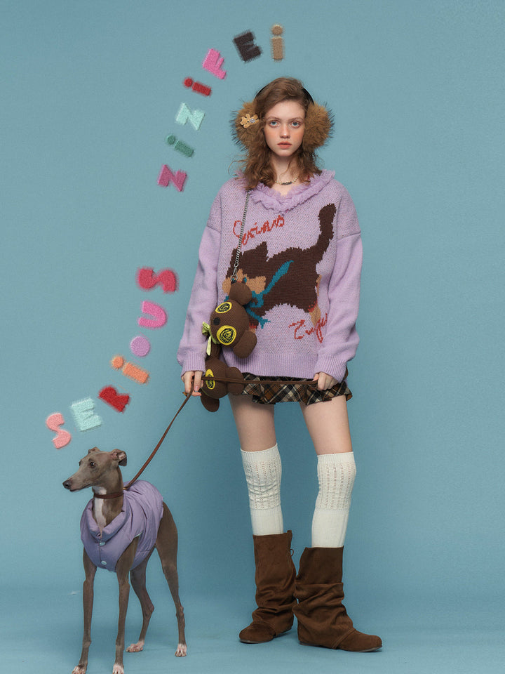 Fuzzy-Trim Cat Graphic V-Neck Sweater