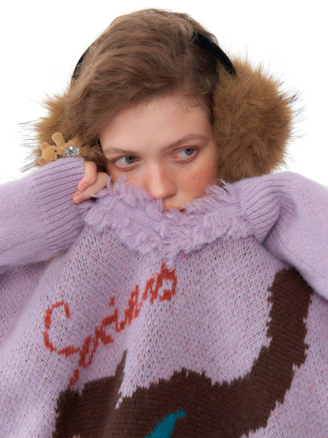 Fuzzy-Trim Cat Graphic V-Neck Sweater