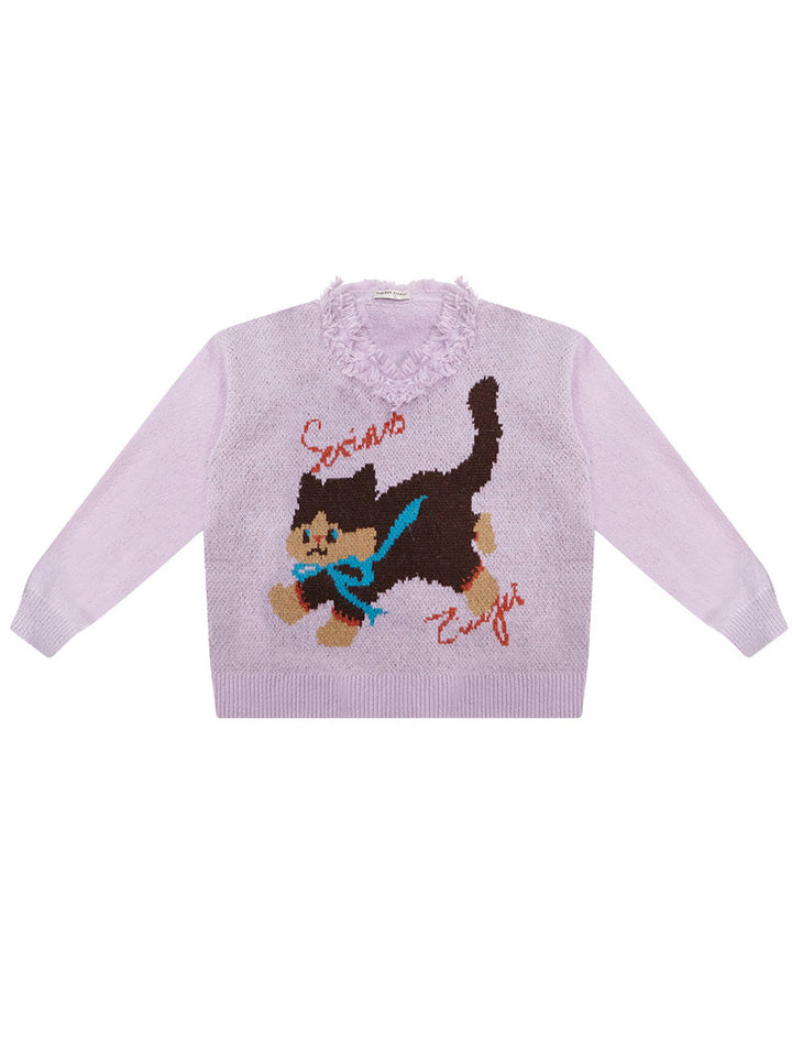 Fuzzy-Trim Cat Graphic V-Neck Sweater