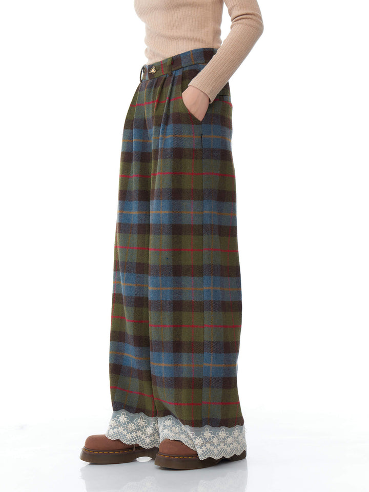 Plaid Lace-Hem Wide Leg Pants