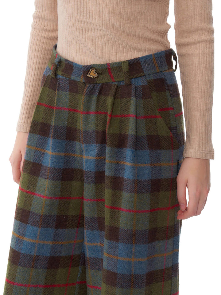 Plaid Lace-Hem Wide Leg Pants