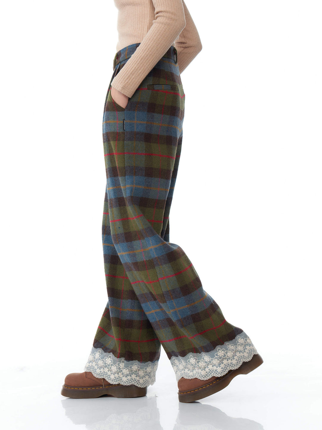 Plaid Lace-Hem Wide Leg Pants