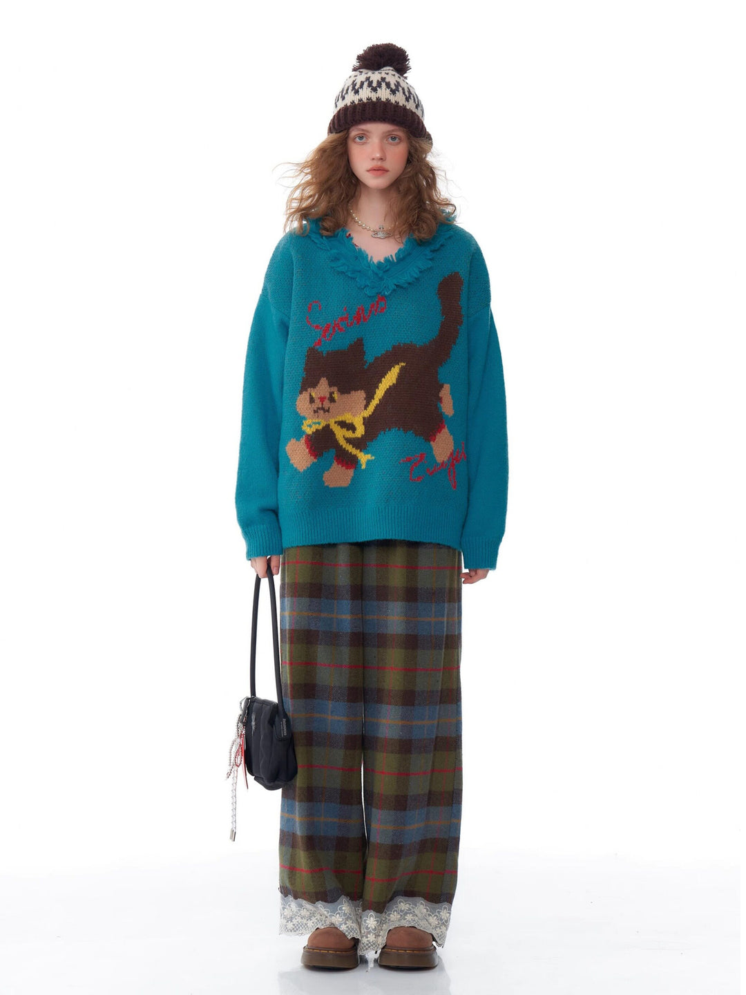 Plaid Lace-Hem Wide Leg Pants