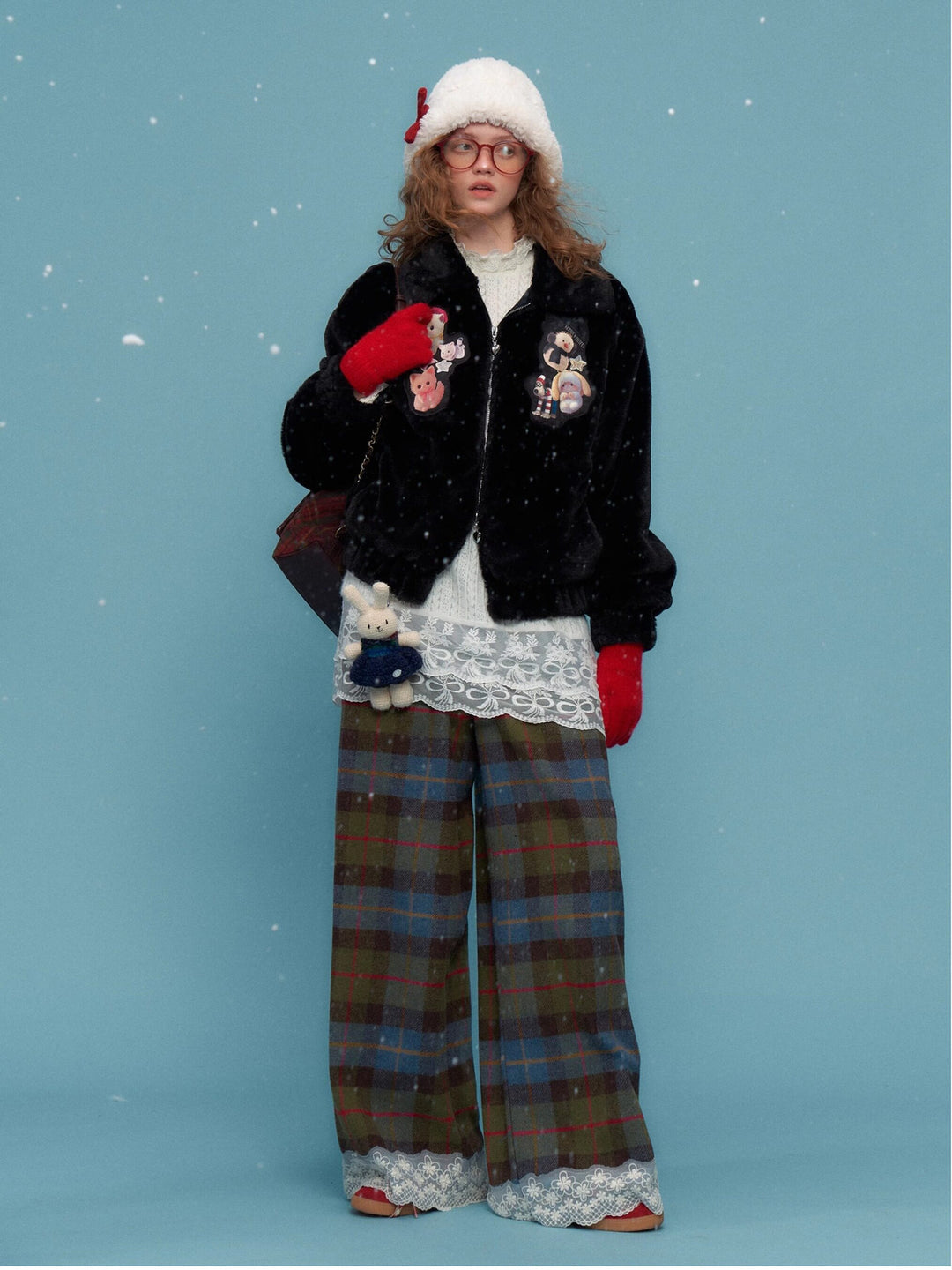 Plaid Lace-Hem Wide Leg Pants