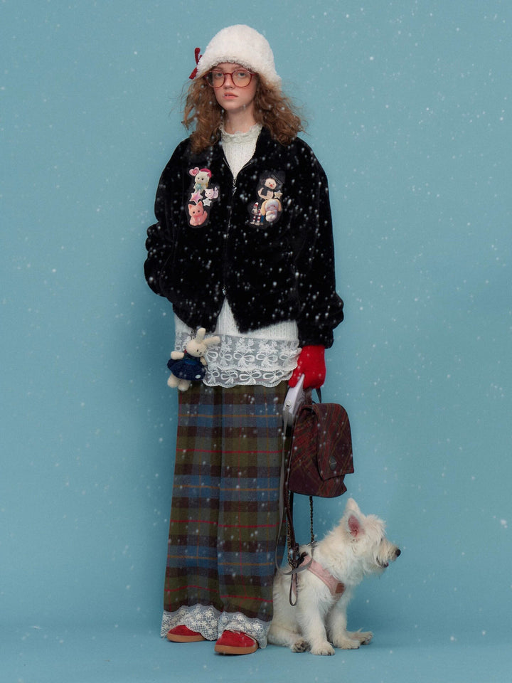 Plaid Lace-Hem Wide Leg Pants