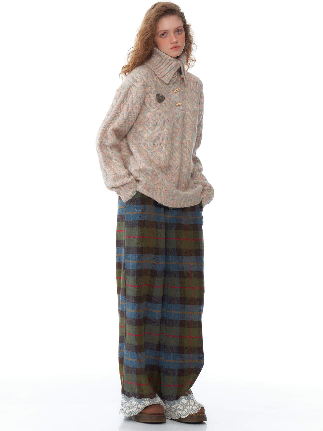 Plaid Lace-Hem Wide Leg Pants