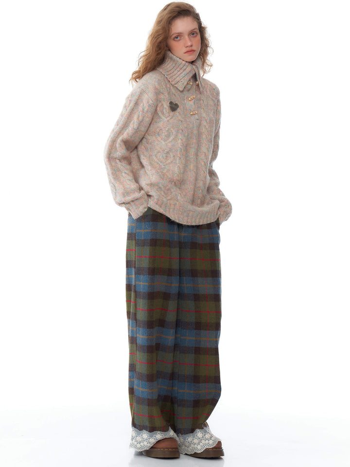 Plaid Lace-Hem Wide Leg Pants