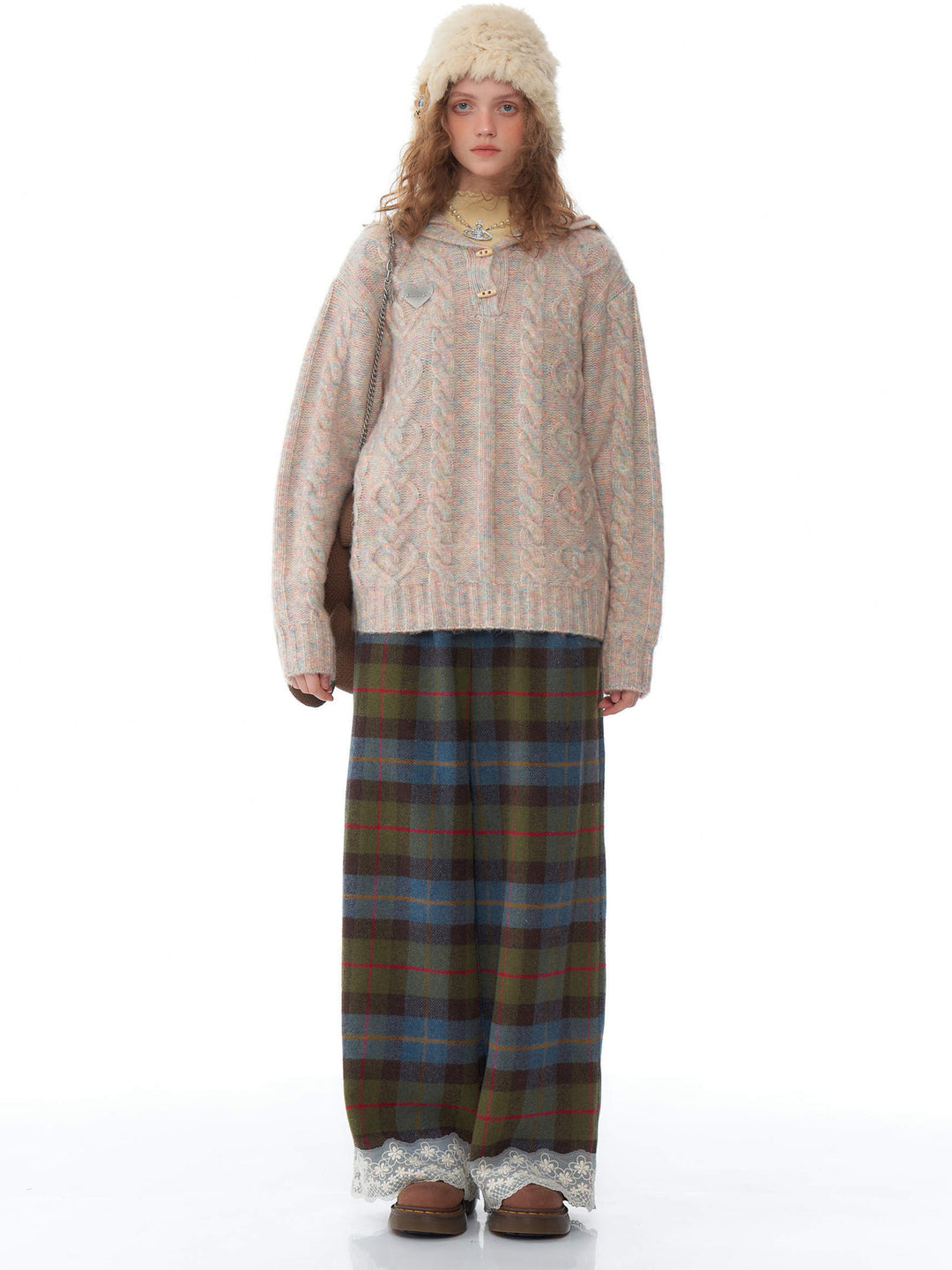 Plaid Lace-Hem Wide Leg Pants