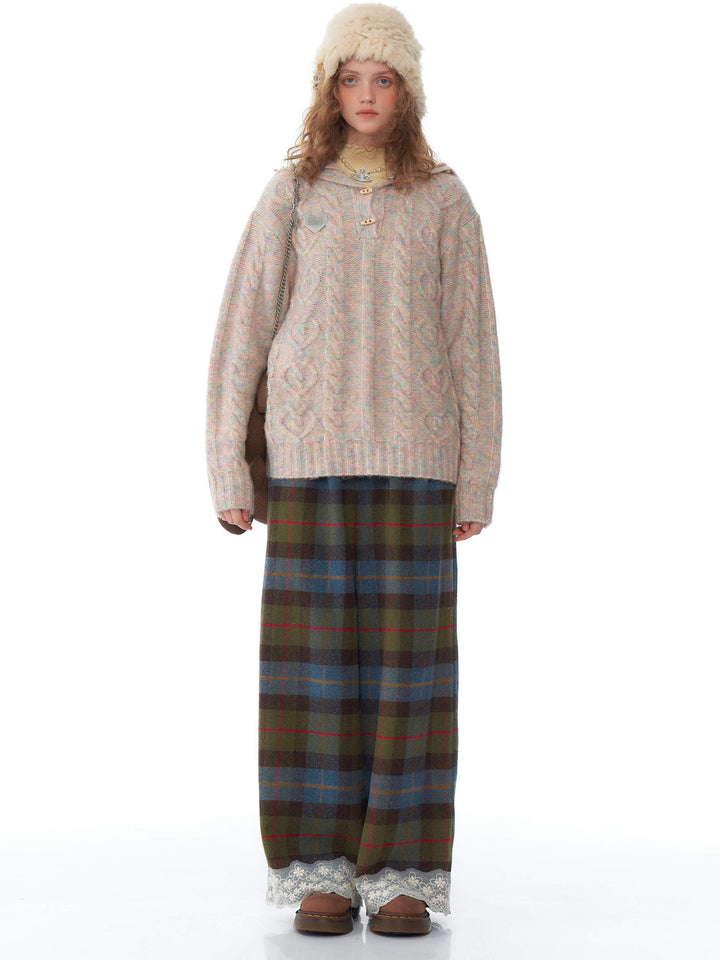 Plaid Lace-Hem Wide Leg Pants