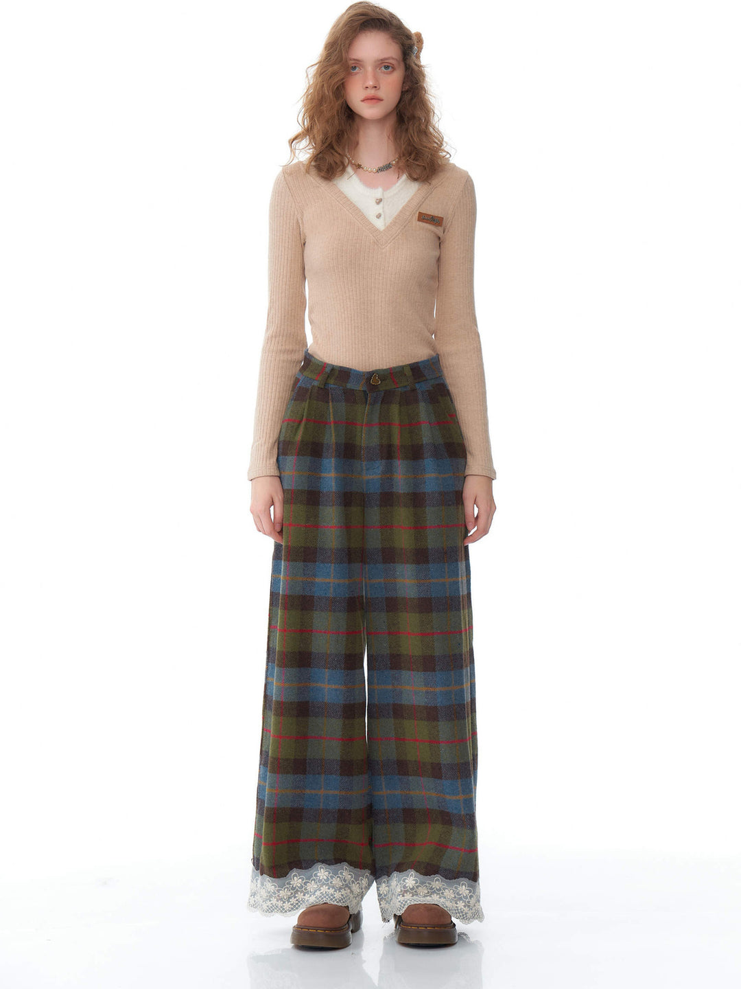 Plaid Lace-Hem Wide Leg Pants