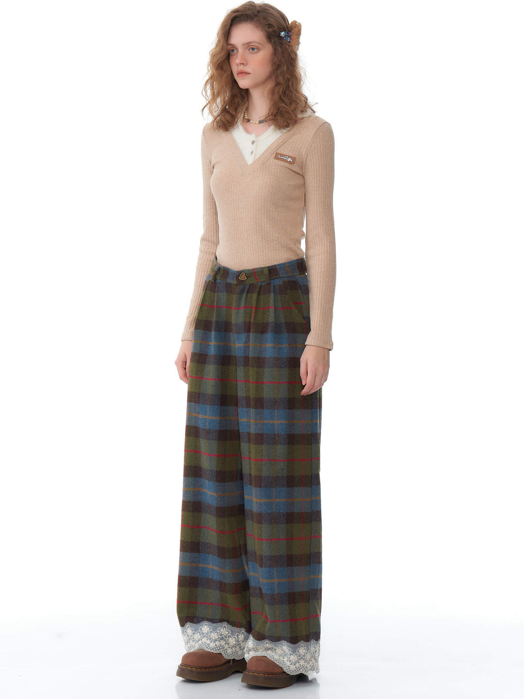 Plaid Lace-Hem Wide Leg Pants