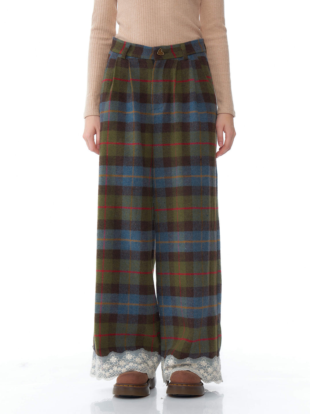Plaid Lace-Hem Wide Leg Pants