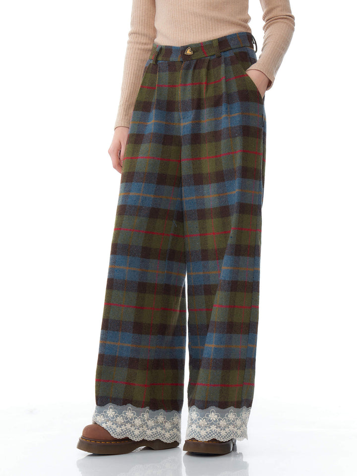 Plaid Lace-Hem Wide Leg Pants