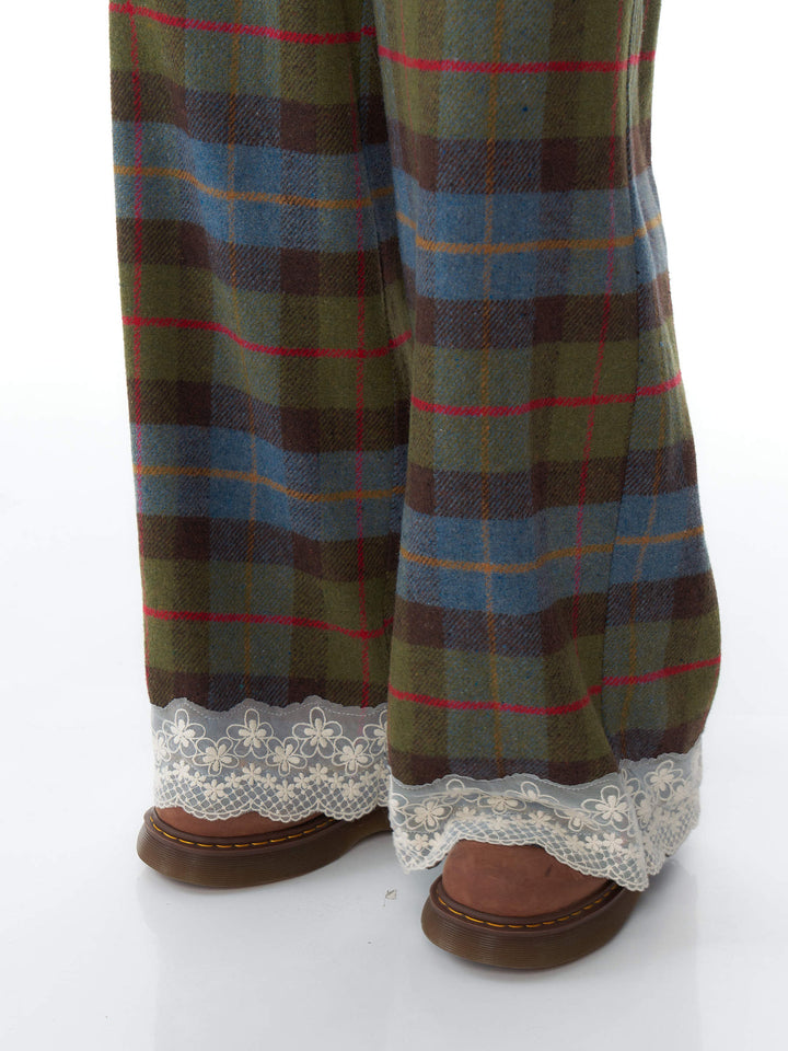 Plaid Lace-Hem Wide Leg Pants