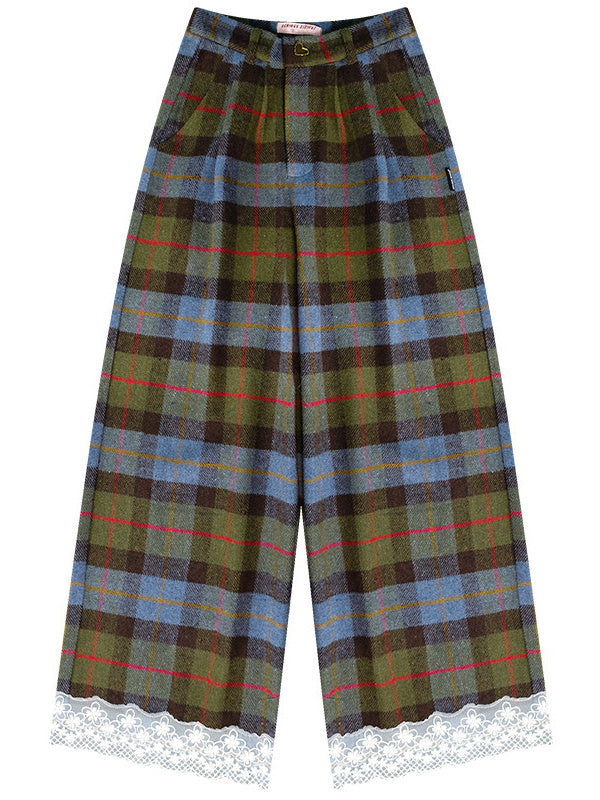 Plaid Lace-Hem Wide Leg Pants
