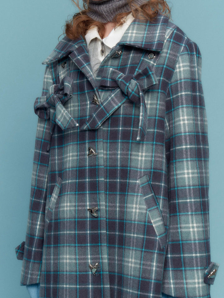 Blue Plaid Bow Longline Coat