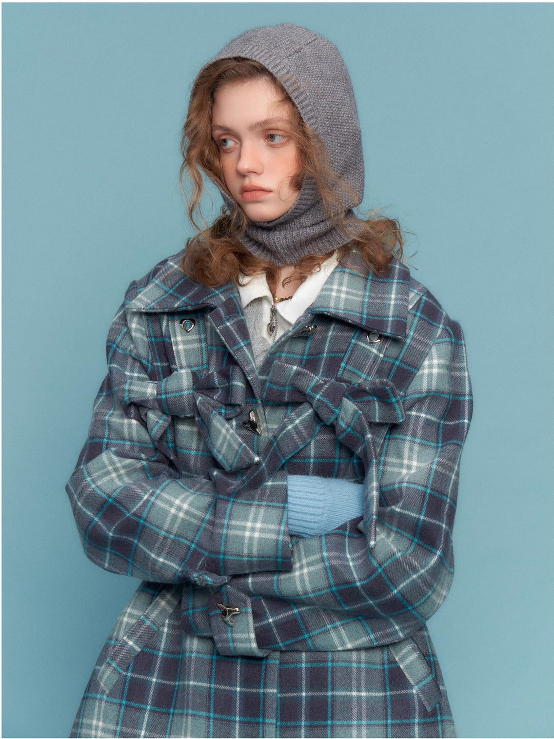 Blue Plaid Bow Longline Coat