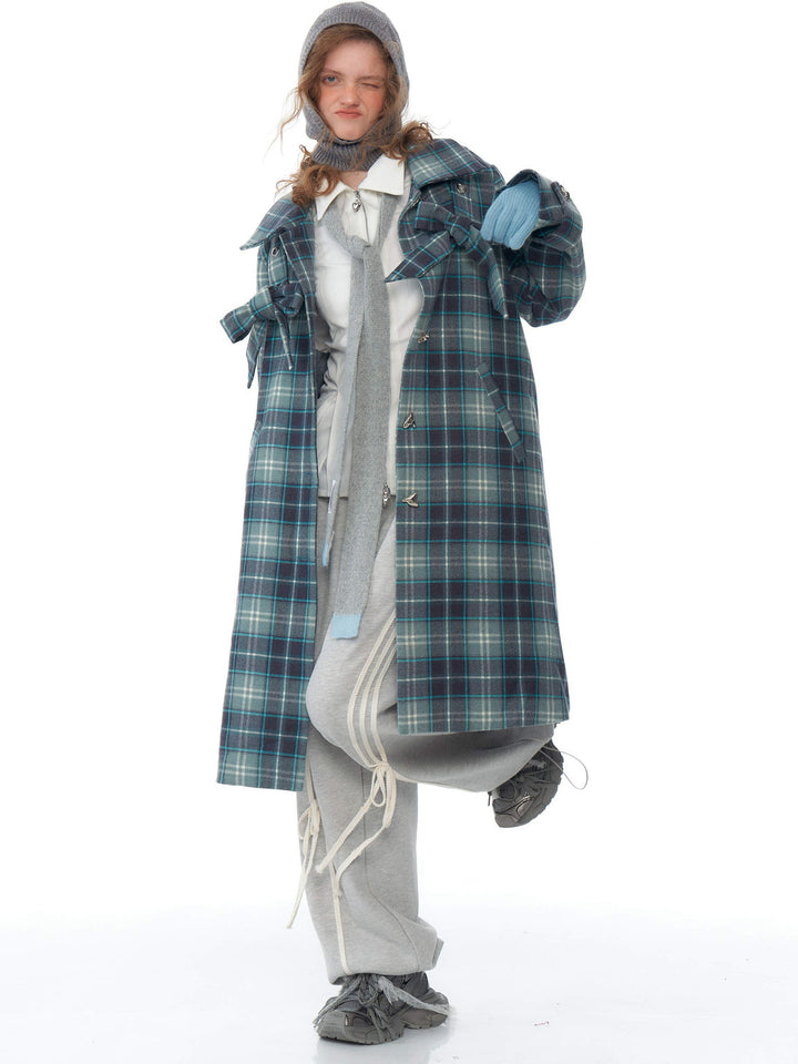 Blue Plaid Bow Longline Coat