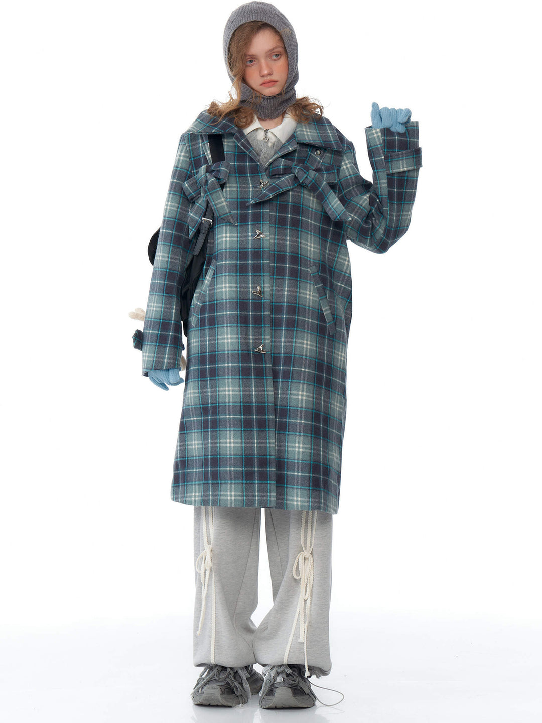 Blue Plaid Bow Longline Coat