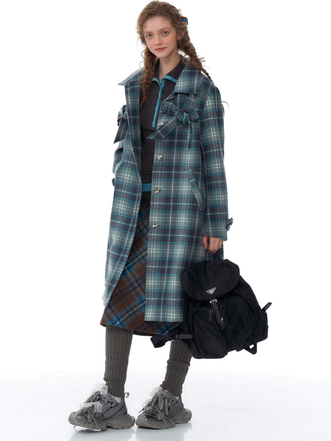 Blue Plaid Bow Longline Coat
