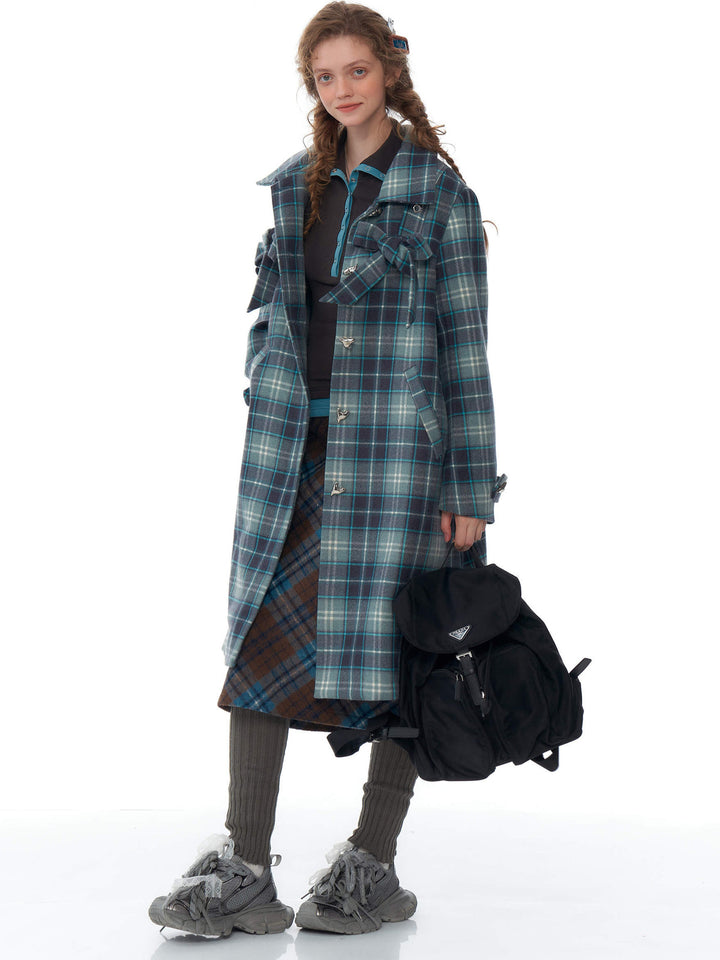 Blue Plaid Bow Longline Coat