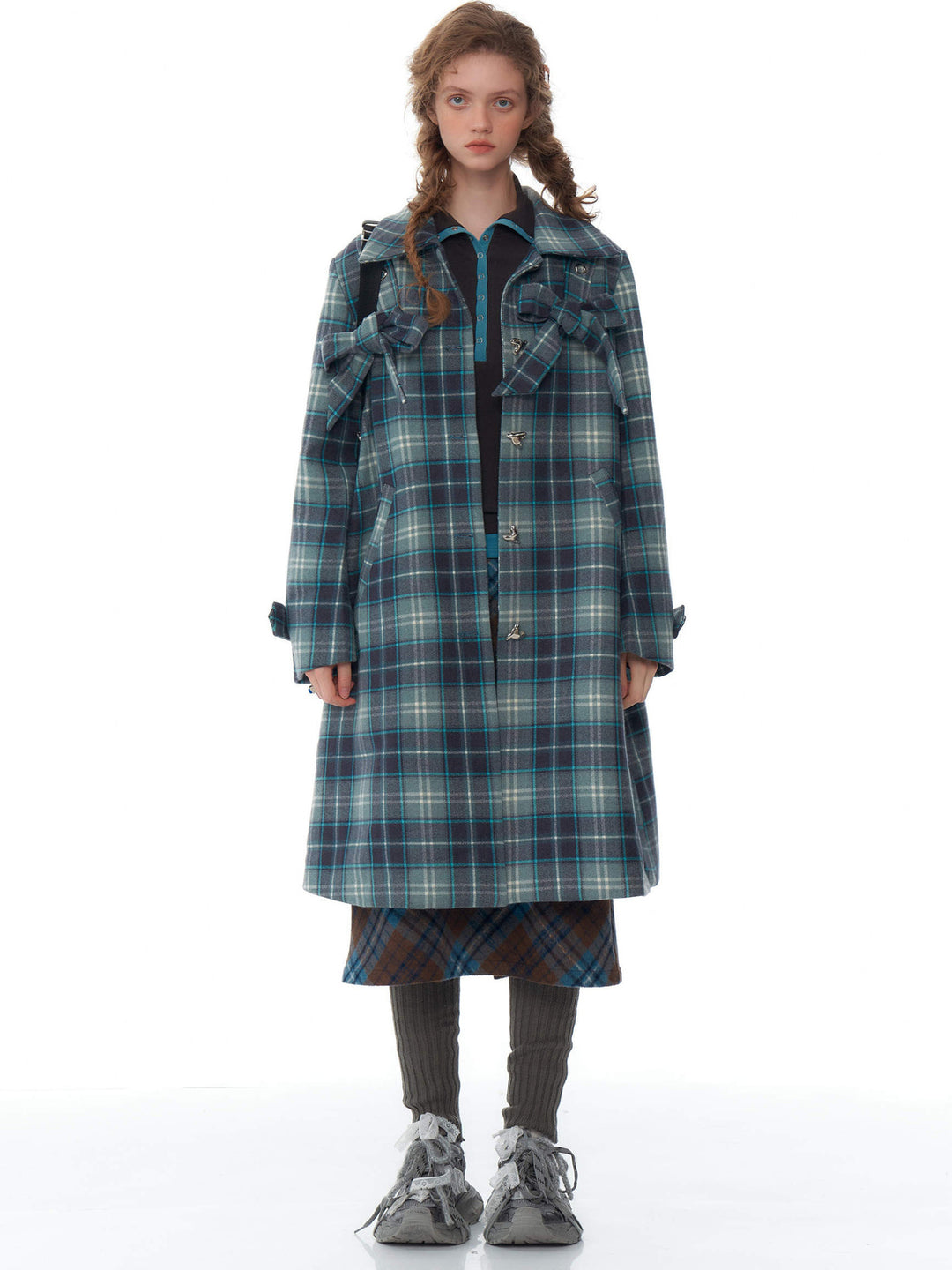 Blue Plaid Bow Longline Coat