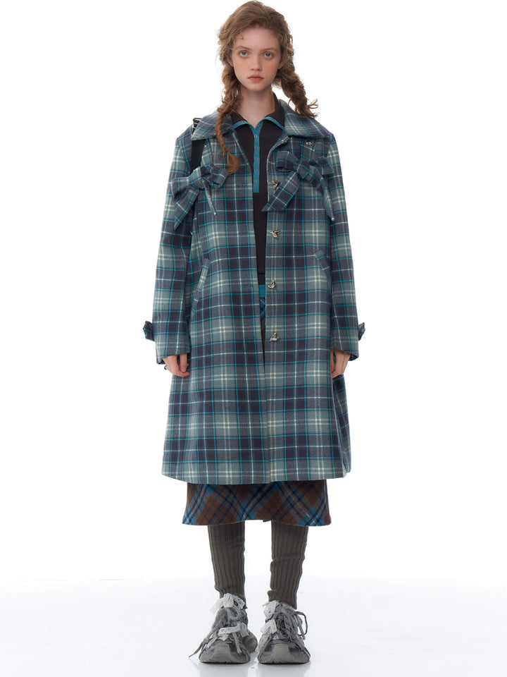Blue Plaid Bow Longline Coat